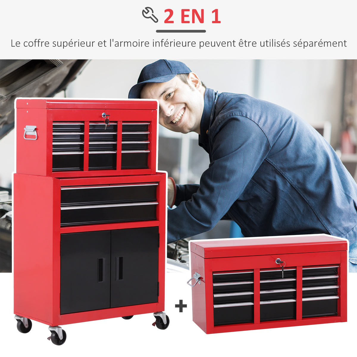 Servante d'atelier servante/ caisse à outil 6 tiroir +1 commode coffre amovible chariot acier rouge et noir-3