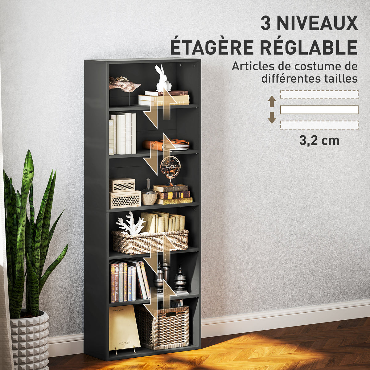 Bibliothèque étagère de rangement 6 niveaux avec étagères réglables pour salon, chambre, bureau, 60x24x158,5cm, noir-4