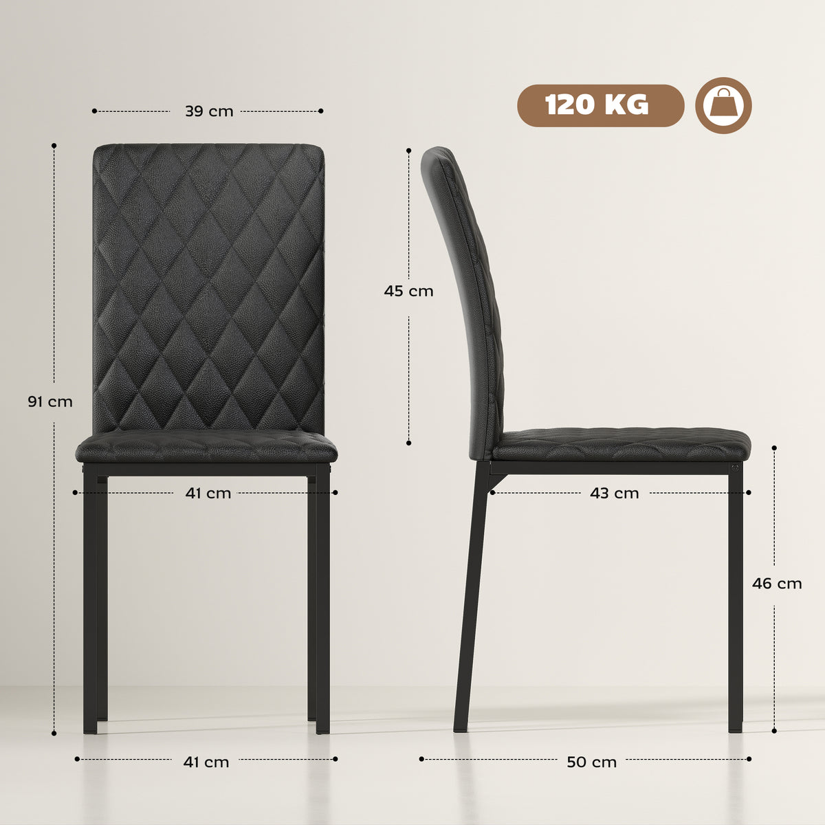 Lot de 4 chaises de salle à manger, chaises de cuisine, capitonnage rhombique et pieds en métal, 41x50x91cm, noir-2