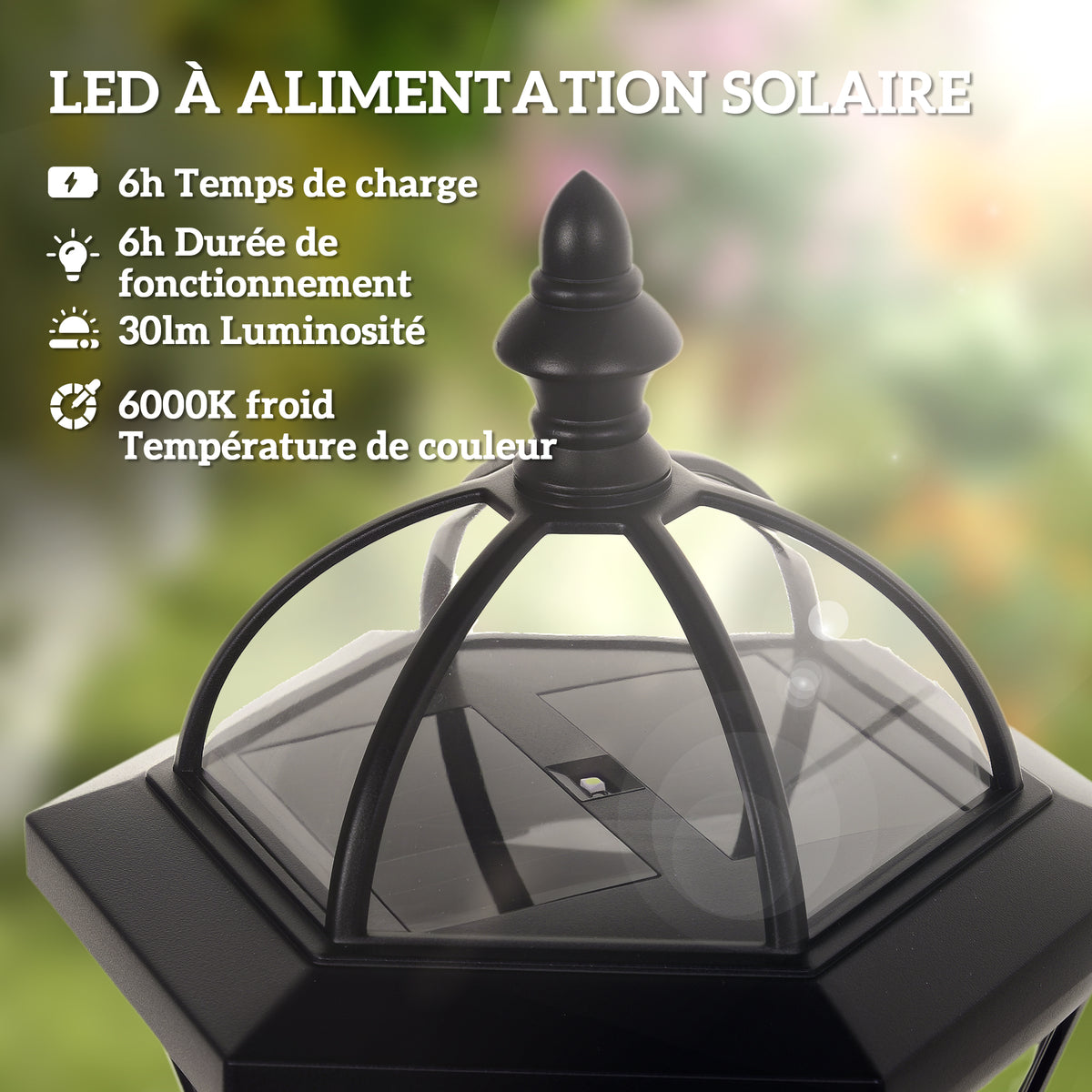 2 lampadaires sur pied solaires d'extérieur jardin avec 2 lampes LED blanc 6000K IP44 Ø18,5 x 129H cm noir-3
