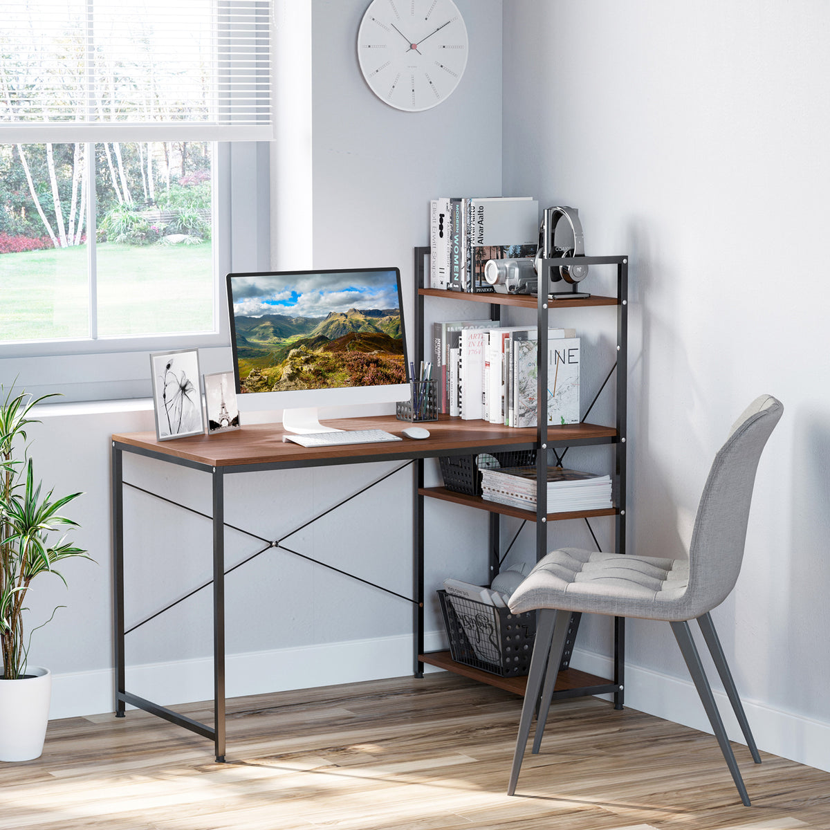 Bureau d'angle avec rangement design Industriel avec bibliothèque 3 étagères panneaux particules aspect noyer-1