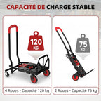 Diable et Chariot de Transport à Roulettes Pliable 2-en-1, Charge Max 120 kg, Base Rabattable, Acier, 83x44x78cm, Rouge-4