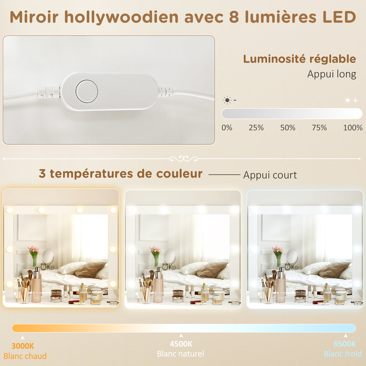 Coiffeuse avec miroir et tabouret table de maquillage avec miroir LED tabouret rembourré 7 tiroirs 110x39,5x140cm blanc-3