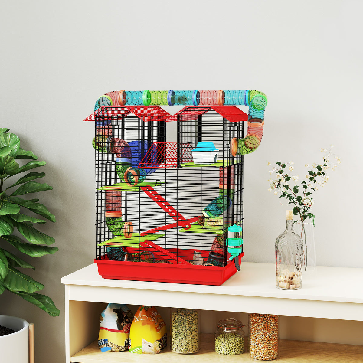Cage pour hamster souris petit animaux rongeur avec tunnel mangeoire roue jouet 47 x 30 x 59 cm rouge-1