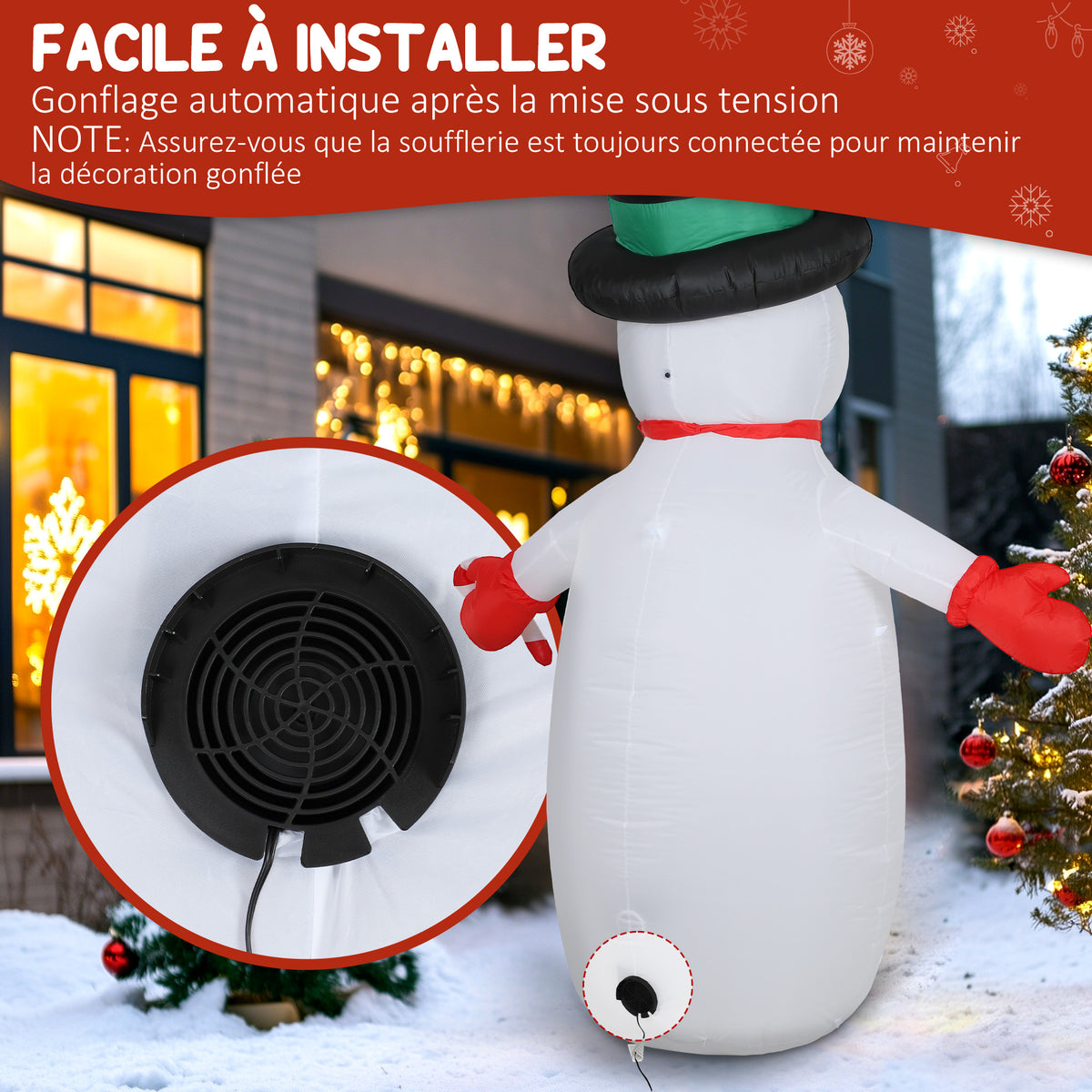 Bonhomme de neige gonflable de Noël, 240 cm, décoration gonflables de Noël avec lumières LED, 177x78x240cm, multicolore-4