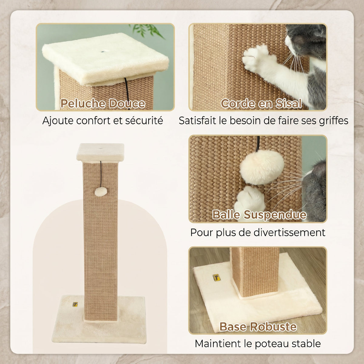 Griffoir pour chat poteau griffoir chat en sisal et peluche, boule suspendue base stable 41 x 41 x 81 cm beige-4