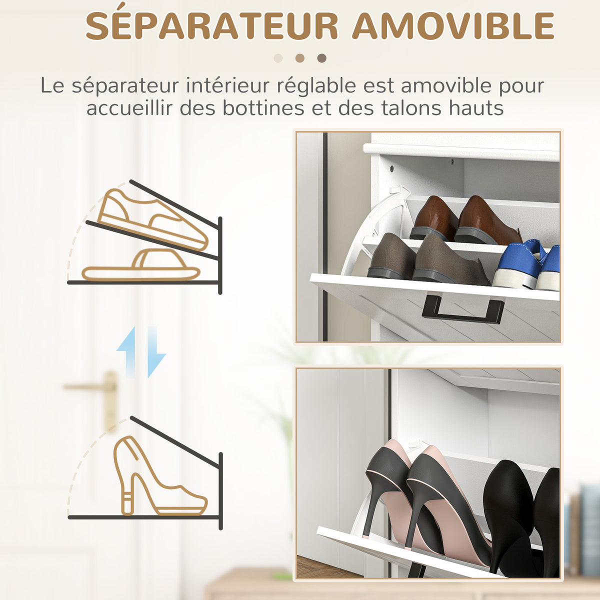 Meuble à chaussures, 2 portes abattants, étagères réglables, pour entrée, couloir, 54 x 24 x 82,5 cm, blanc-5