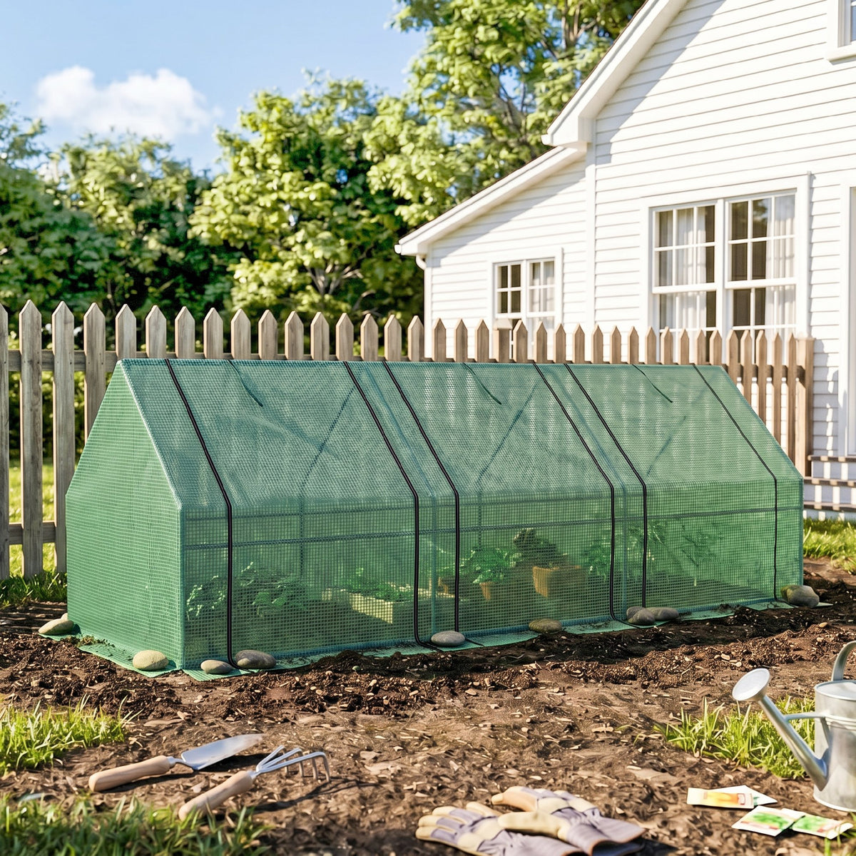 Mini Serre de Jardin mini serre tunnel 270L x 90l x 90H cm toit pointu Acier PE Haute densité 140 g/m² Anti-UV 3 fenêtres avec Zip enroulables Vert-8