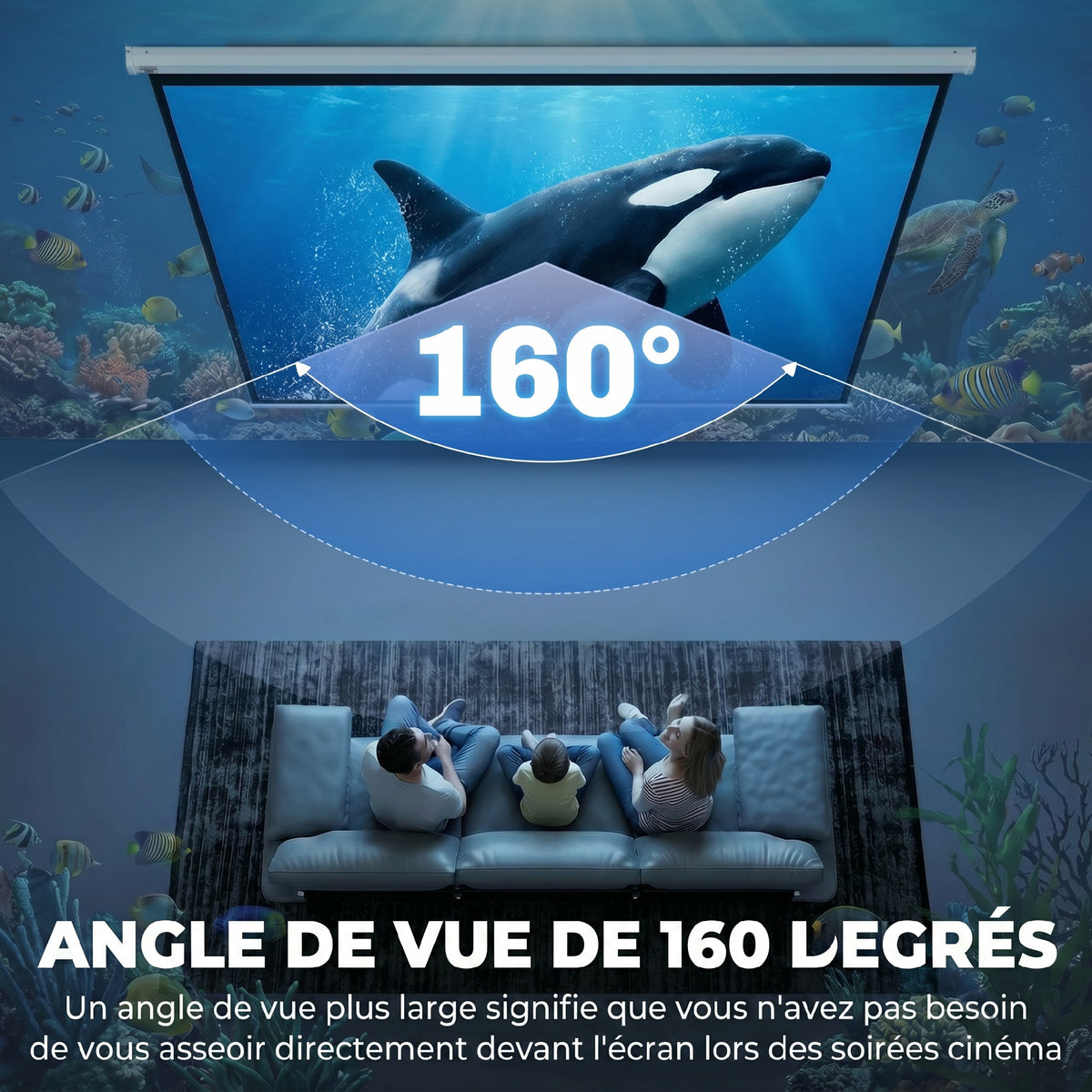 Écran de projection TV et Home Cinema de 100 Pouces vidéo projecteur 16:9 4K HD, fixation mural ou plafond-4