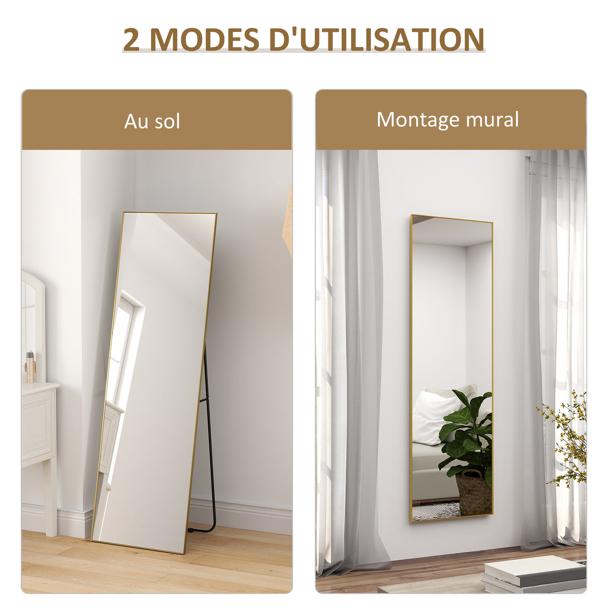 Grand miroir pleine longueur rectangulaire, 50 x 160 cm, miroir sur pied, mural ou pocé contre mur, doré-5