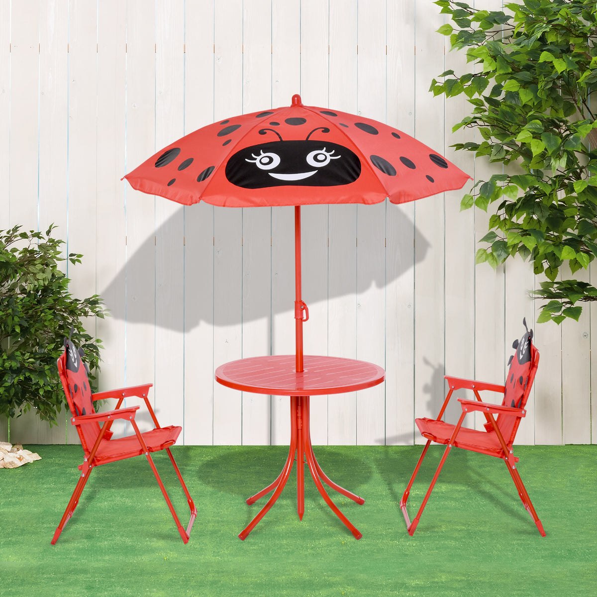 Ensemble Salon de Jardin Enfant 4 pcs Design Coccinelle - Table Ronde + 2 chaises Pliables + Parasol - métal époxy Oxford Rouge-6