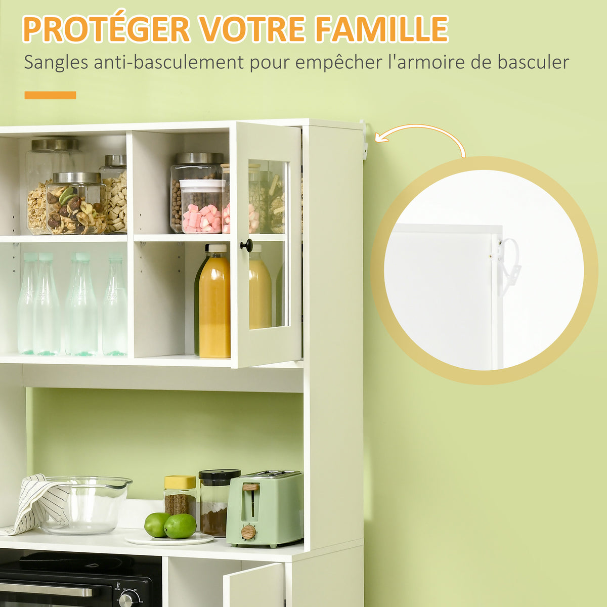 Armoire de cuisine avec 3 placards, niches, étagères réglables, portes vitrées, passe-câble, 90x40x180cm, blanc-4