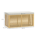 Banc de rangement, coffre de rangement rembourré en tissu aspect lin, couvercle et structure en bambou, gris et naturel-2