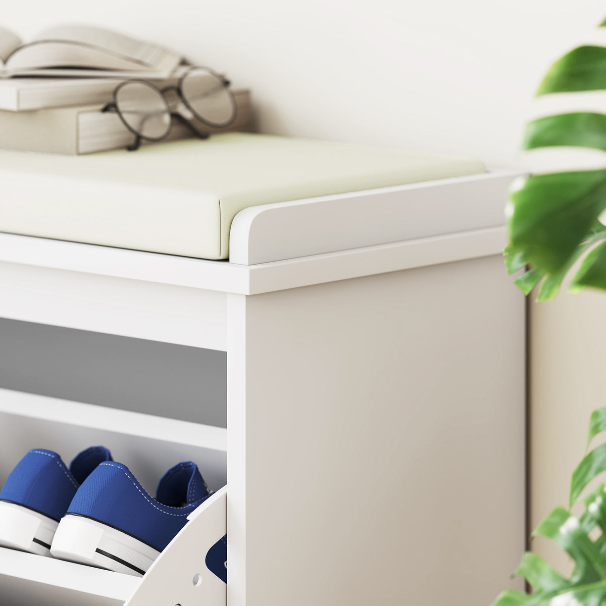 Banc à chaussures avec coussin d'assise rembourré et tiroir rabattable pour couloir, chambre, 80 x 26 x 47,5 cm, blanc-8