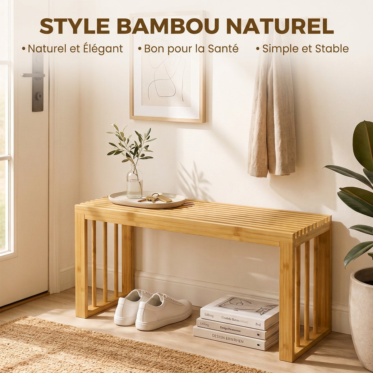 Banc à Chaussures en Bambou, Banc d'Entrée Sans Dossier, Assise en Bois Ajourée, 90 x 33 x 43 cm, Bois Naturel-3