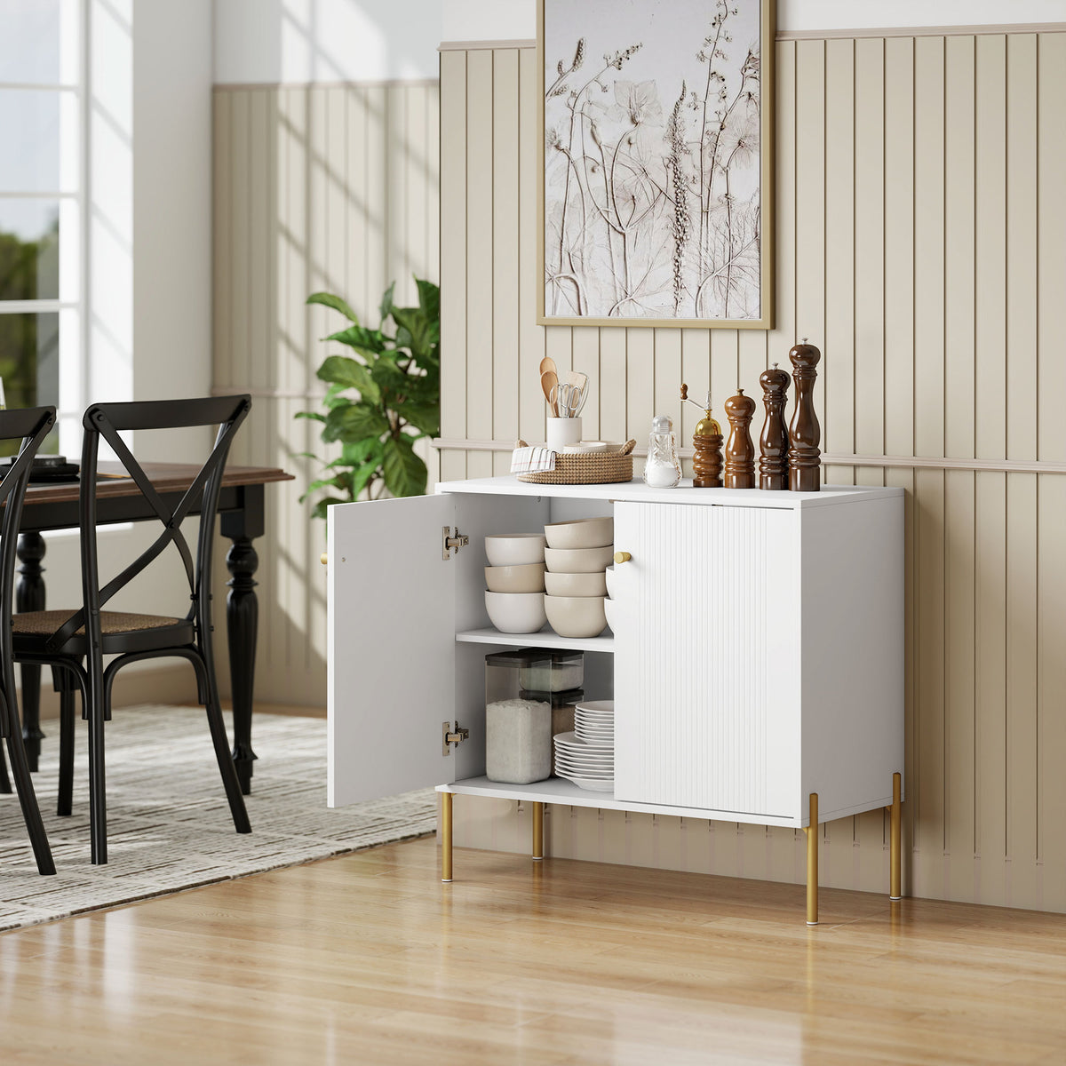 Buffet salon, meuble de rangement avec double porte cannelée, étagère réglable, pieds en acier, 80 x 39,1 x 76 cm, blanc-8