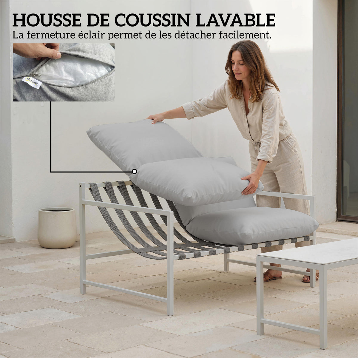 Salon de Jardin Extérieur 2 Pièces, Canapé avec Coussins, Table Basse en Verre Trempé Marbré 3D, 125x80x64cm, Gris Clair-7