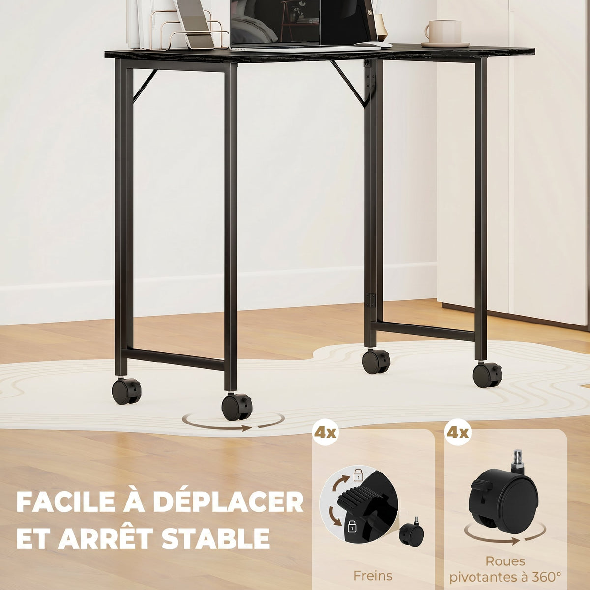 Bureau Pliable 80 x 52 cm, Bureau Ordinateur sur Roulettes avec Fente d'Appareil, Montage Facile, Noir-4