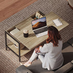 Table basse relevable et extensible, table de salon avec compartiment caché étagères ouvertes, 98x49x55cm, bois naturel-7