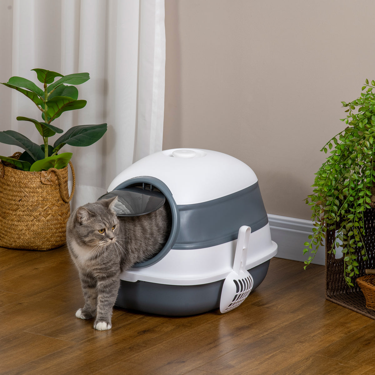 Maison de toilette pour chat pliable porte battante lucarne + pelle fournis 52 x 41 x 38 cm gris blanc-1