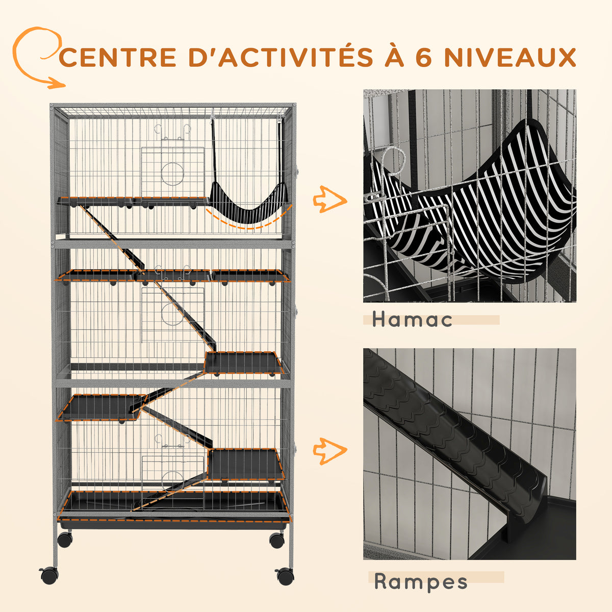 Cage pour rongeurs multifonction 4 plateformes 3 rampes 4 portes dim. 80L x 52l x 159H cm acier gris argenté noir-5