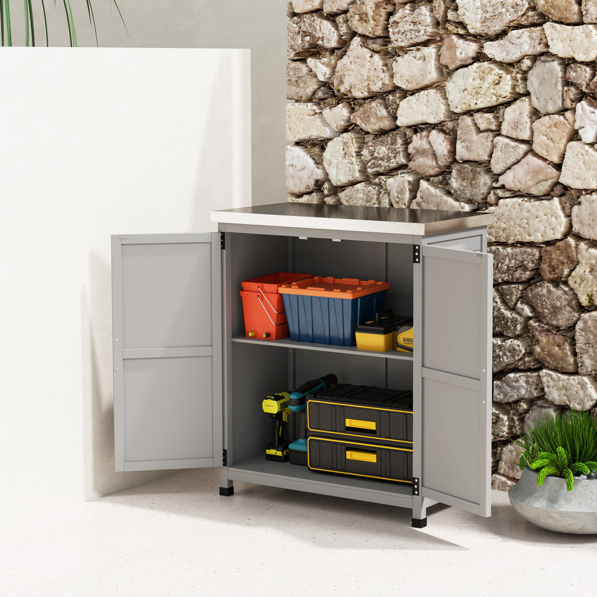 Armoire de jardin en Bois Extérieur, armoire de rangement de Jardin avec Plan de Travail acier galvanisé 79x43x92cm gris-7