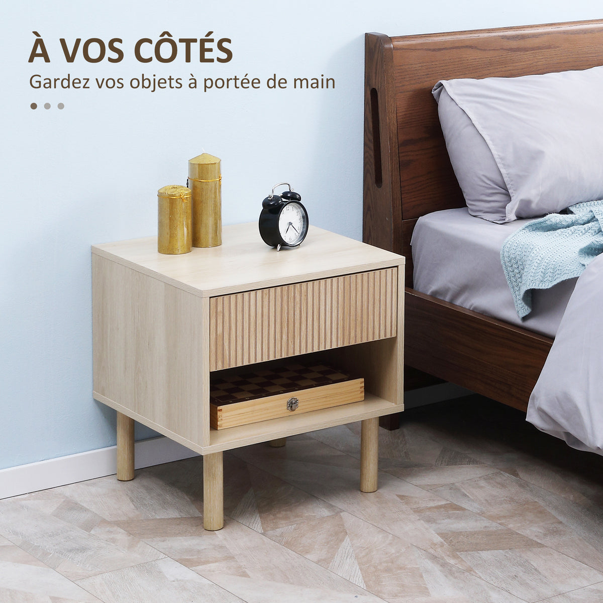 Lot de 2 tables de chevet table de nuit avec tiroirs et niches, style moderne, dim. 47 x 47 x 50 cm, bois naturel-3