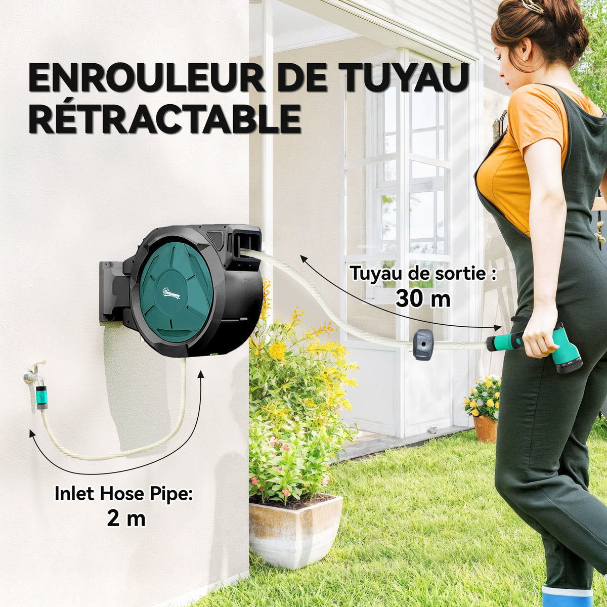 Enrouleur Tuyau Arrosage Mural 25 m x Ø 15 mm Dévidoir Automatique de Tuyaux d'Eau Rétractable Automatique vert-3