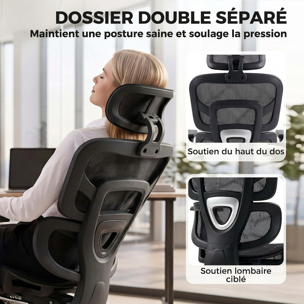 Chaise Bureau Ergonomique Inclinable en Maille, Support Lombaire, Appui-Tête 2D, Double Dossier Aéré, Noir-3