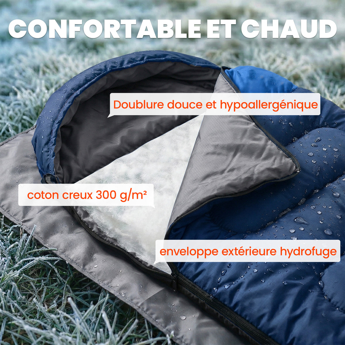 Sac de Couchage Adulte, avec Section Tête, Fermeture Éclair et Sac de Rangement, 300 g/m², 215x75x10cm, Bleu Marine-3