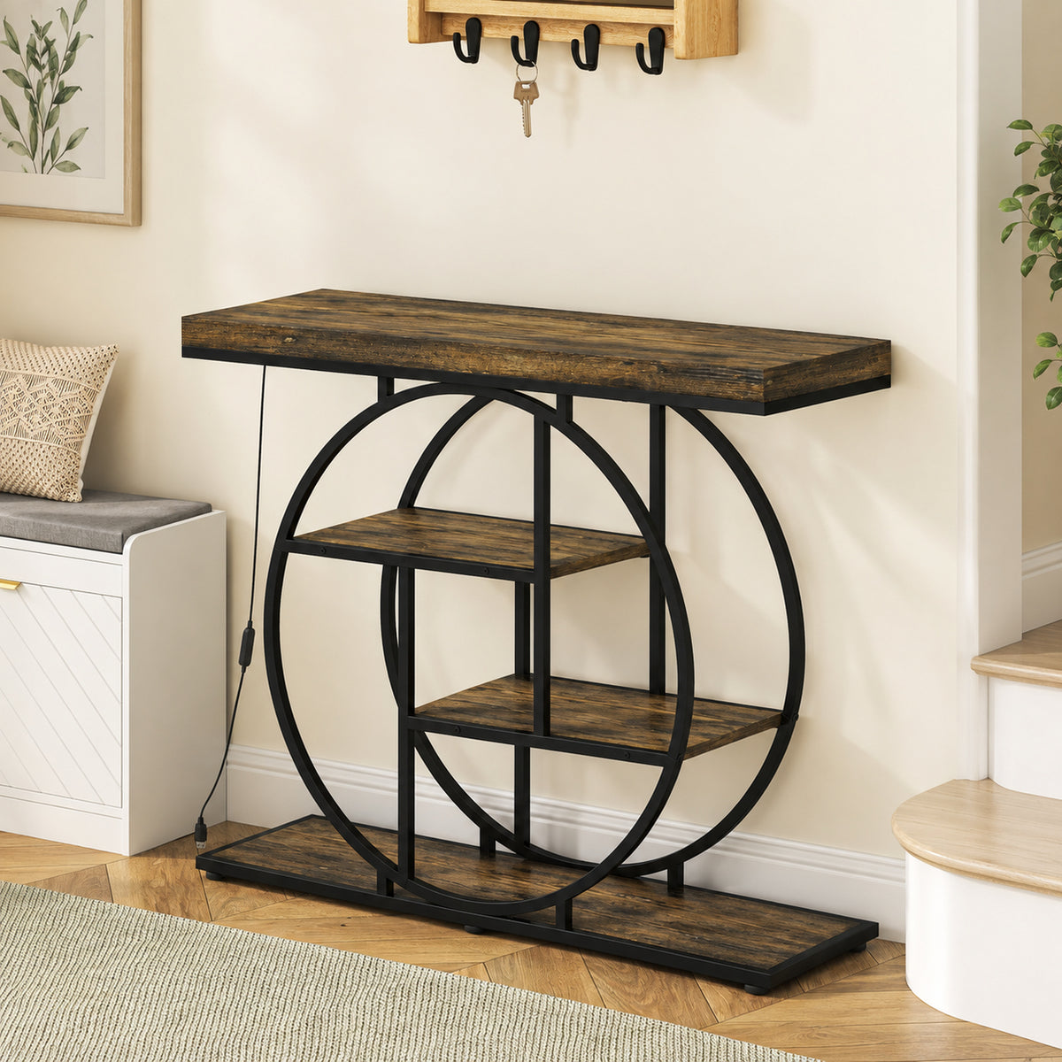 Console meuble avec éclairage LED 100 cm, table console à 4 niveaux avec étagères ouvertes, marron rustique et noir-1