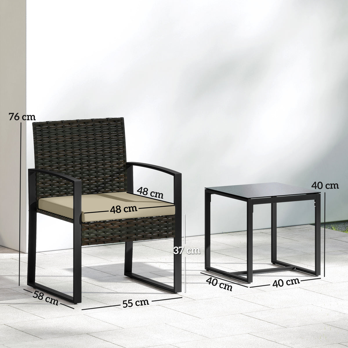 Salon de jardin extérieur en résine tressée 2 personnes, table de jardin avec 2 chaises, plateau en verre trempé, marron-2