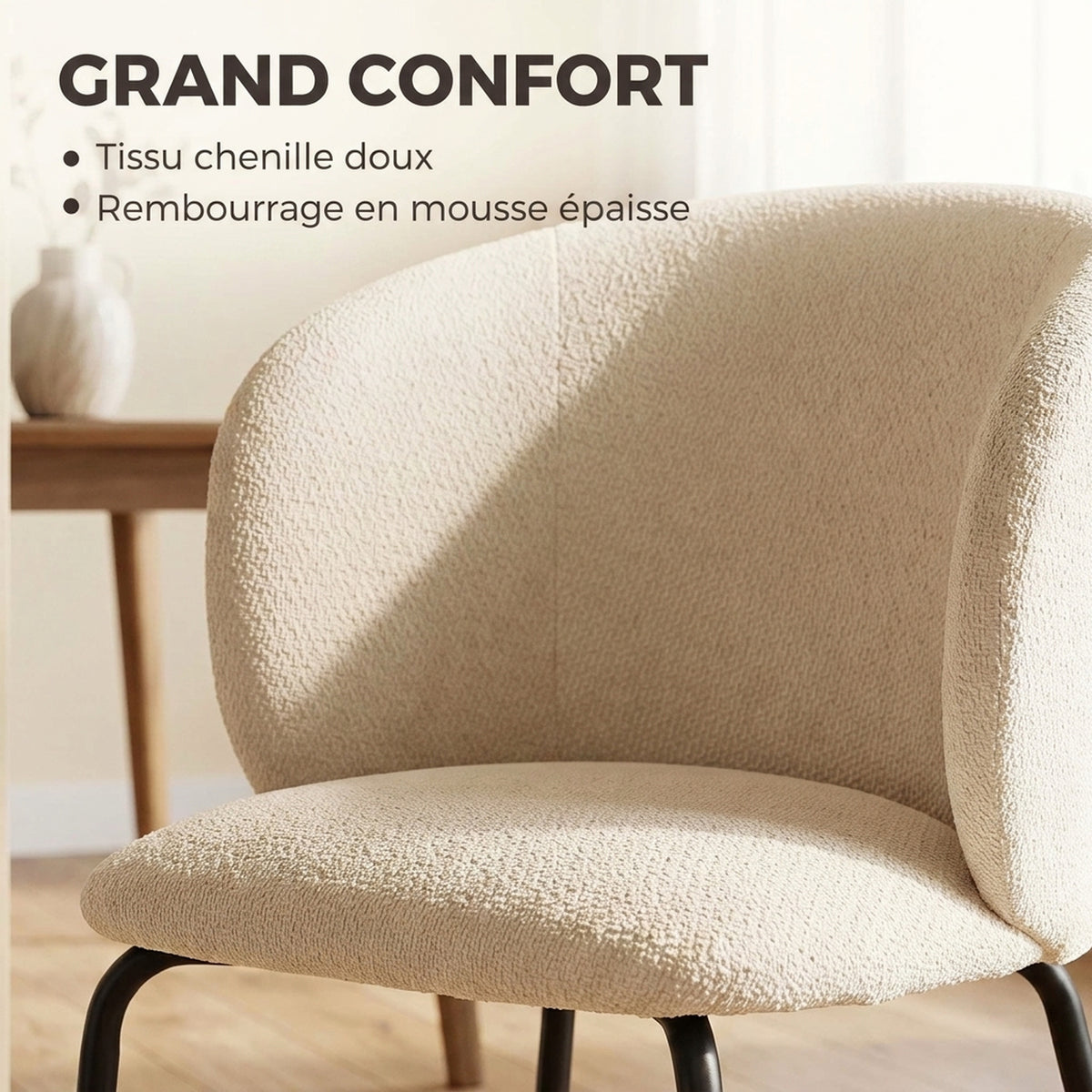 Lot de 2 Chaises Salle à Manger Rembourrées en Chenille, Dossier Incurvé, Pieds Métal, Style Moderne, 57x58x77cm, Beige-5