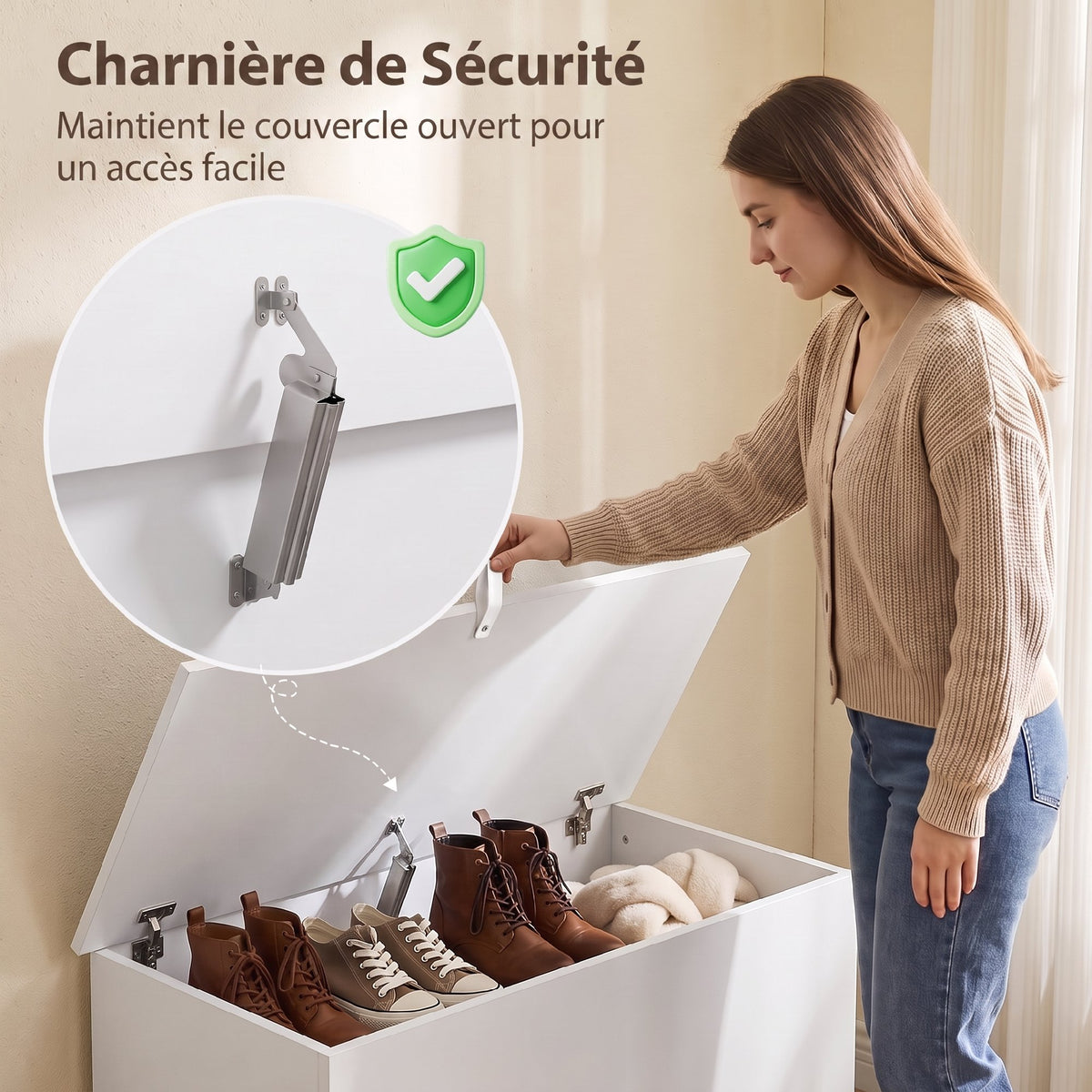 Coffre de Rangement, Banc de Rangement avec Couvercle Rabattable et Charnières de Sécurité, 80 x 40 x 45 cm, Blanc-4
