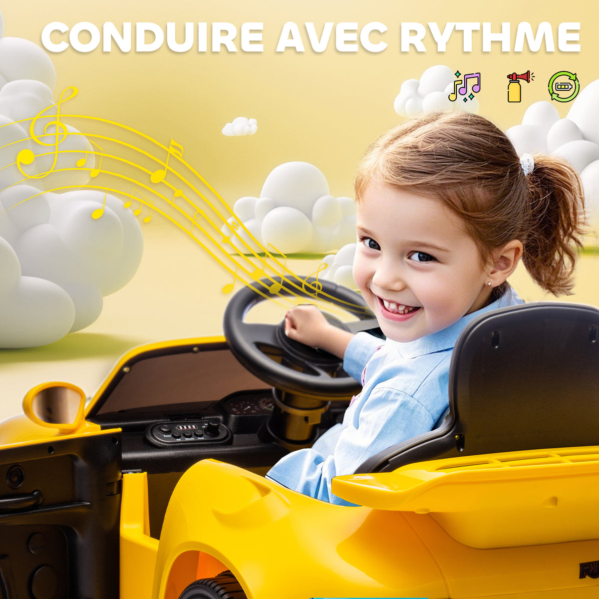 Voiture électrique enfants, véhicule électrique 12V, télécommande 2,4G, phares, musique, klaxon, 103 x 55 x 44 cm, jaune-7