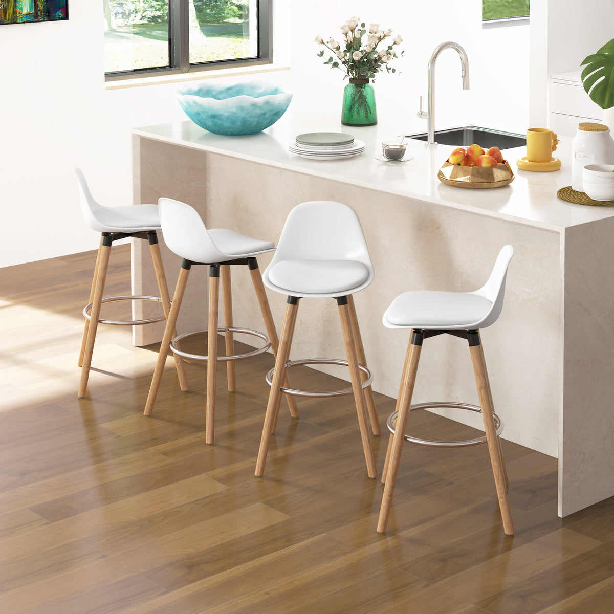Lot de 4 tabourets de bar style scandinave hauteur 70 cm avec pieds en bois et repose-pieds en acier - blanc-1