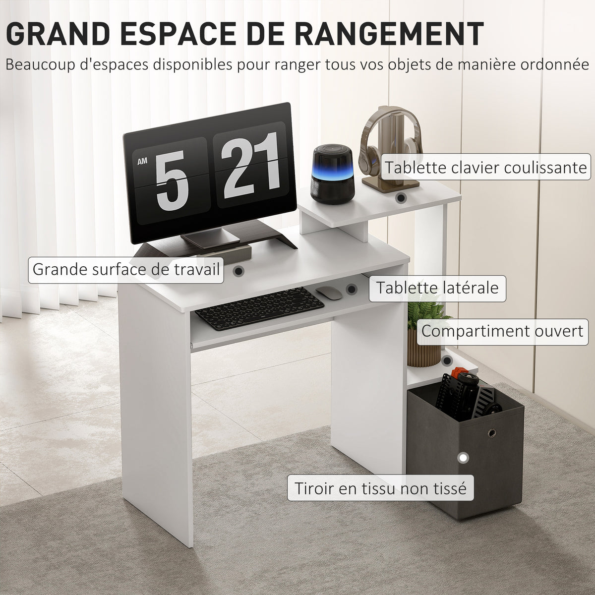 Bureau Informatique multimédia étagères Tablette Clavier Panier Gris Panneaux Particules Blanc-3