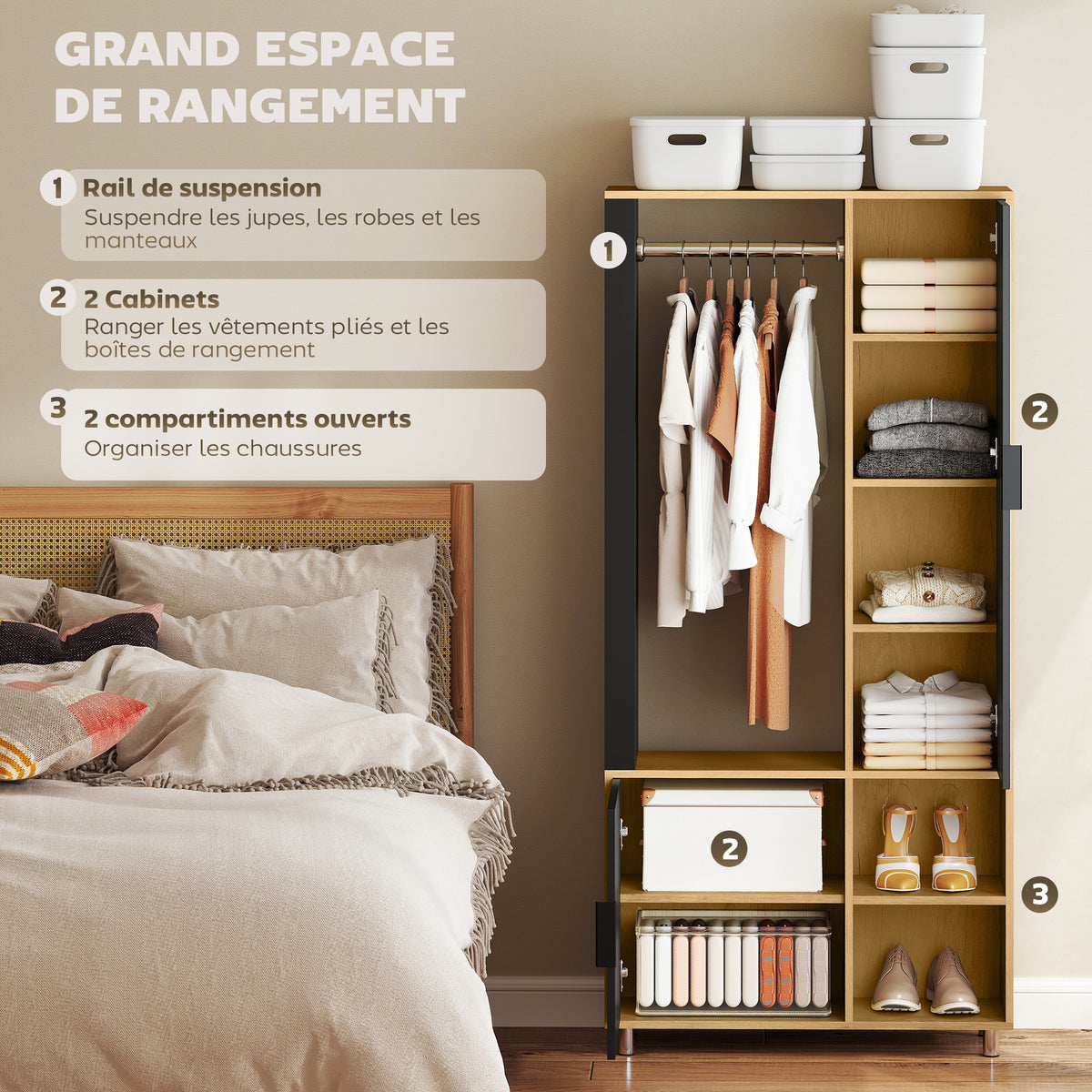 Armoire chambre penderie avec miroir, compartiments ouverts, placard et tringle de suspension, 80 x 30 x 170 cm, naturel-3