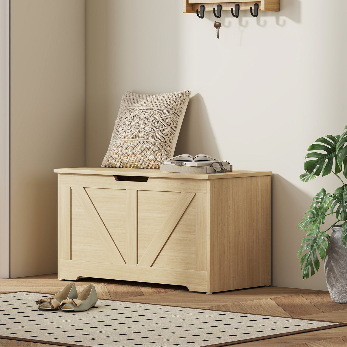 Coffre de rangement, banc de rangement avec couvercle rabattable et charnières de sécurité, 80 x 40 x 45 cm, bois naturel-1