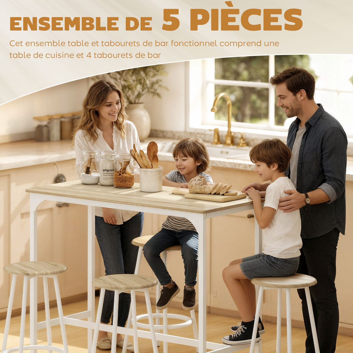 Ensemble table haute et 4 tabourets avec Repose-Pieds style moderne, structutre en métal effet bois naturel-3