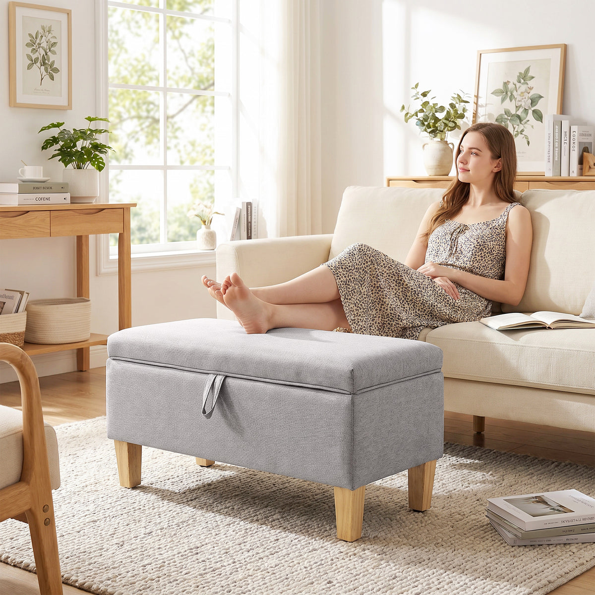 Banc de rangement, bout de lit, repose-pieds rembourré en lin avec pieds en bois de caoutchouc, 71x37x36cm, gris clair-6