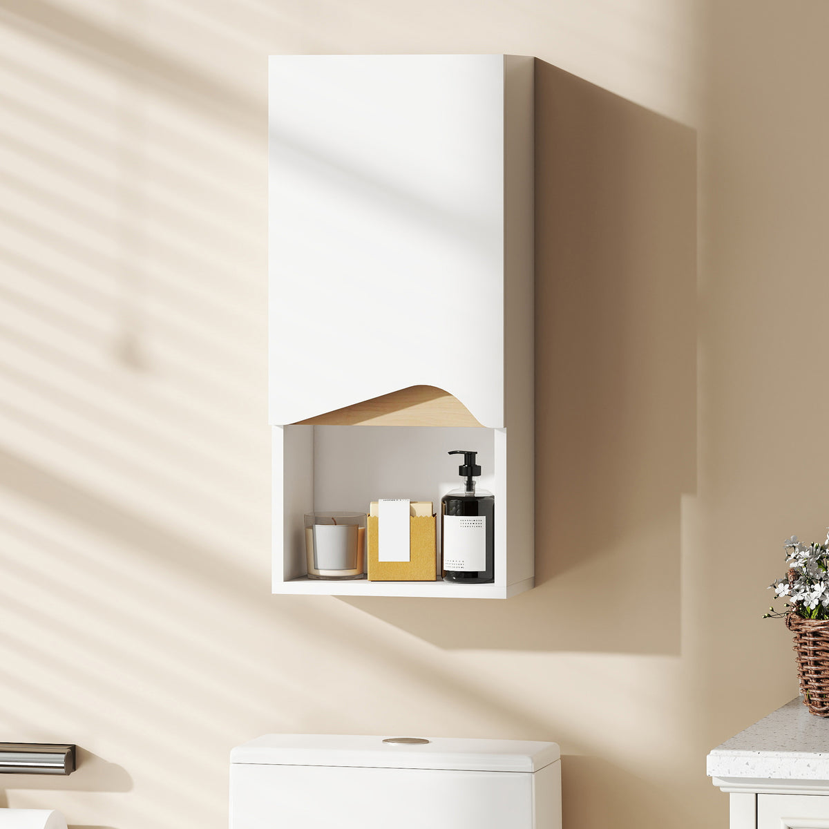 Armoire murale de salle de bain avec porte à fermeture douce, étagère réglable et compartiment ouvert, 30x17x67cm, blanc-9