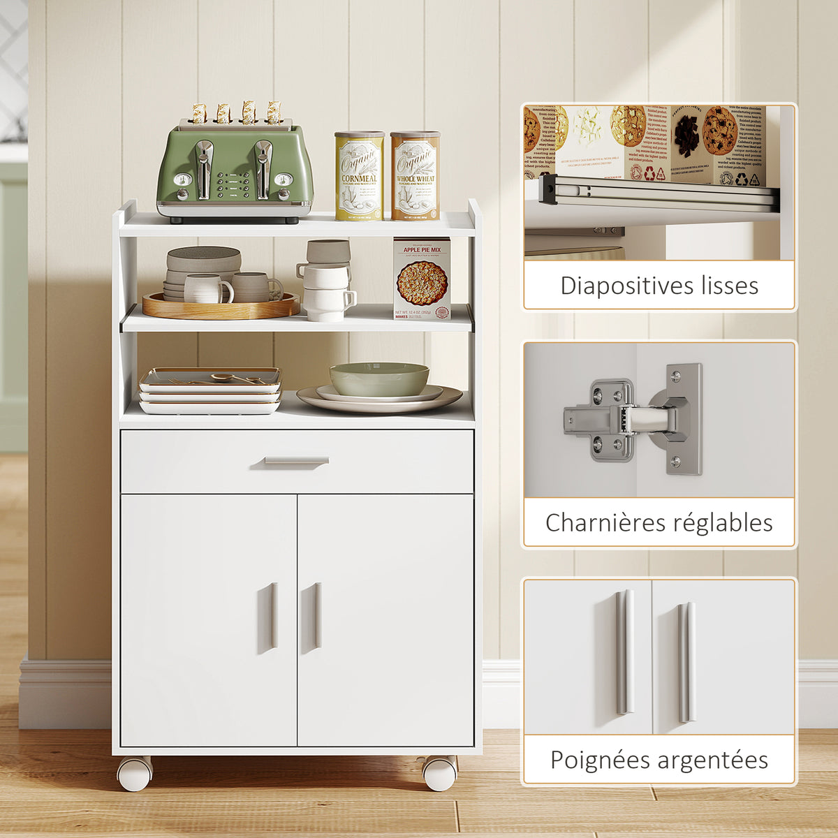 Chariot de cuisine sur roulettes, desserte micro-onde à roulettes avec placard tiroir étagères, 59 x 40 x 92 cm, blanc-6
