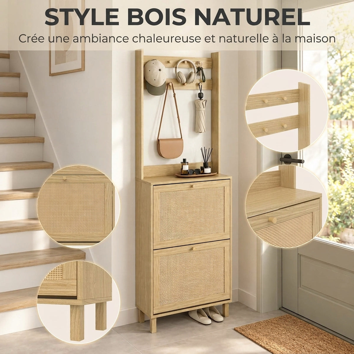 Porte-Manteau 2 en 1, Meuble d'Entrée avec Meuble à Chaussures, Portes Effet Rotin et 8 Crochets, Bois Naturel-3