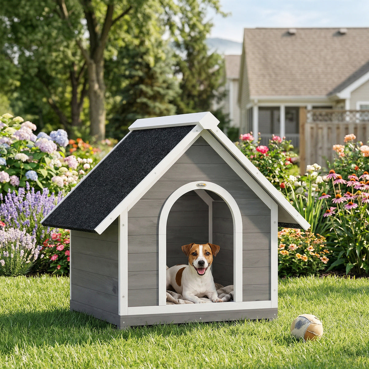 Niche pour Chien Extérieur Maison pour Chien Corps Entièrement Ouvrant pour Nettoyage Facile 84x101x86 cm Gris et Blanc-9