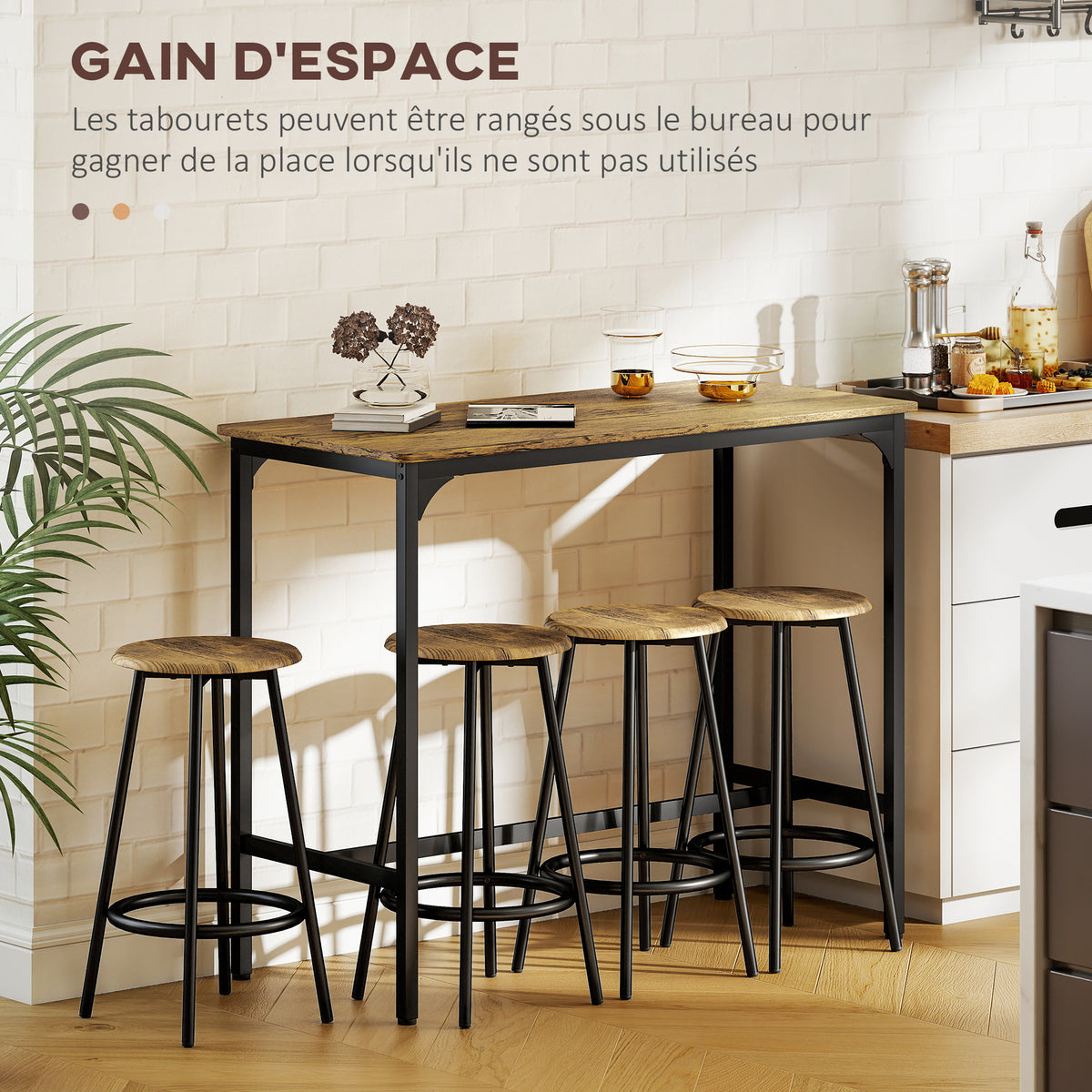 Ensemble table haute et 4 tabourets avec Repose-Pieds, métal noir et aspect bois pour cuisine salle à manger-4