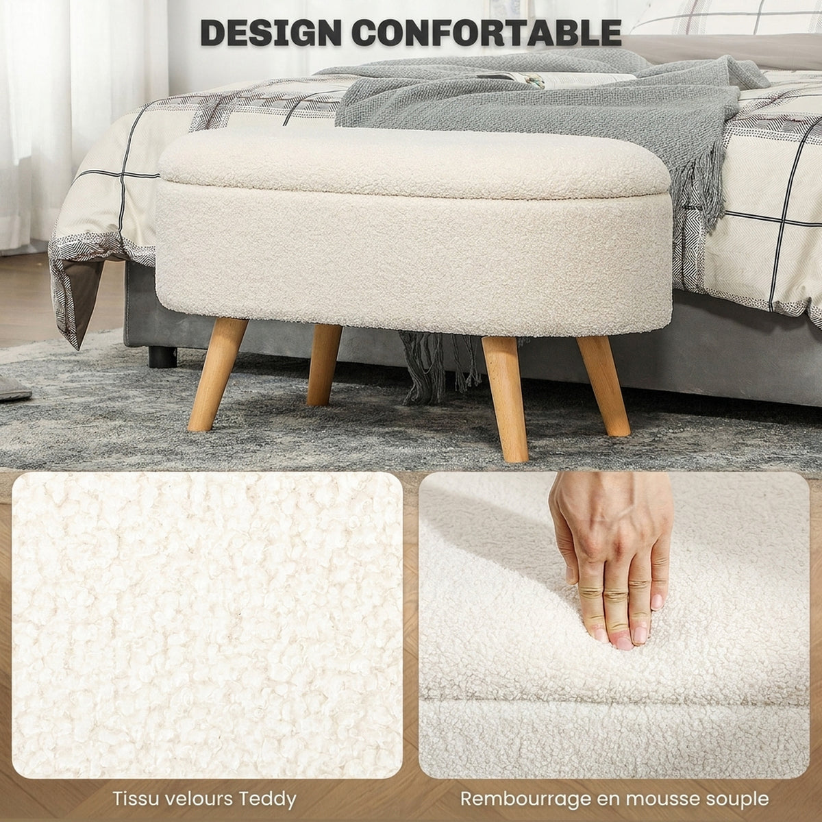 Banc de Rangement, Bout de Lit Rembourré en Peluche Teddy avec Couvercle et Pieds en Bois, 82 x 41 x 45 cm, Blanc-4