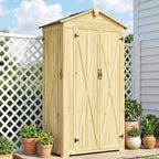 Armoire de Jardin Extérieur en Bois 3 Portes, 4 Étagères, Toit à Pignon, Compartiment, 93x53x168cm, Naturel-7