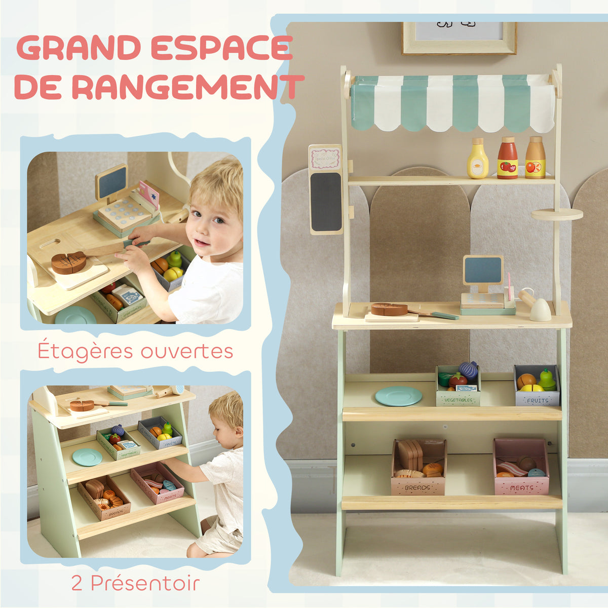 Supermarché pour enfant 34 pcs, marchande en bois, tableau noir, caisse enregistreuse et accessoires, 52x30x92,5cm, vert-6