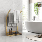Porte-serviettes en bambou 3 barres avec étagère de rangement, pour la salle de bains et la buanderie, finition naturel-9